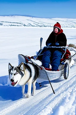 Matthew y Margaret se encuentran en un trineo tirado por un husky mientras viajan por un paisaje nevado