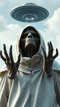 The creature from the the movie Prometheus with white hooded clothes with hands up and looking at distant ufo in the sky front view