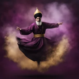 Hyper Realistic Sufi Whirling with Black, Purple & Golden Islamic Sufi Rustic Grungy Maroon Background with fog around at night