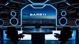 photo from a black producer chair siluette in a futuristic cybertech studio, around many monitors and circle windows to the sky, the inscription capture word text on the back of the chair "Barbi", Professional photography, bokeh, natural and blue-white lighting, perfect shot, sharp focus, professional photo