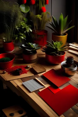 moodboard mit pflanzen, holz, alu und rote farbe