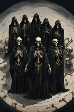 skeletons dressed in long black robes standing in a circle