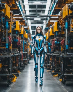 potrait photography cinematography colors a beautiful woman long hair humanoid robot walking in between two rows of complex machinery with vibrant colors