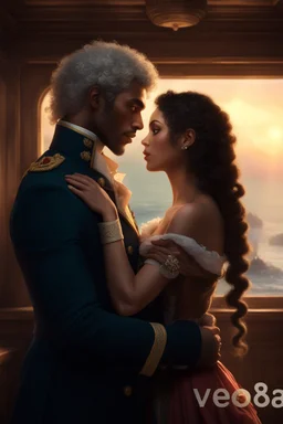 In the cabin of an ancient ship, a 31-year-old mulatto human sorcerer stands out with his bright green eyes and snow-white curls falling to his shoulders. He wears an elegant Victorian naval officer's uniform that highlights his athletic figure, as he romantically embraces a beautiful 29-year-old elf woman. She has deep-set brown eyes, long, wavy black hair tied in two elegant braids, and wears elven diplomatic attire with gold details. The setting features dark wood furniture, nautical maps, an