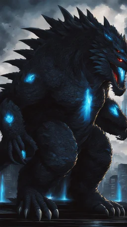 A darkness picture to giant godzilla with blue glowing linings in anime godzilla art style