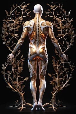 3D rendering of Expressively detailed and intricate of a hyperrealistic “human body”: side view, scientific, single object, glossy white, shinning gold, vines, tribalism, black background, shamanism, cosmic fractals, octane render, 8k post-production, detailled metalic bones, dendritic, artstation: award-winning: professional full body : atmospheric: commanding: fantastical: clarity: 16k: ultra quality: striking: brilliance: stunning colors: amazing depth