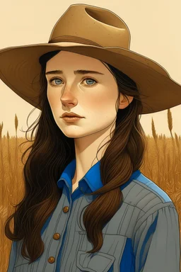 drawing of woman with pale skin, freckles, brown braided hair, blue eyes, black cowboy hat, standing in wheat field,