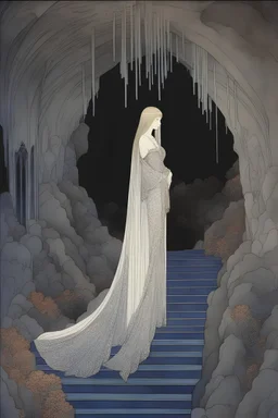 Kay Nielsen, Harry Clarke, Mysterious, bizarre, surreal, bizarre, fantasy, Sci-fi, Japanese anime, perspective of a limestone cave, blueprint of Caprice, beautiful girl, perfect voluminous body, detailed masterpiece