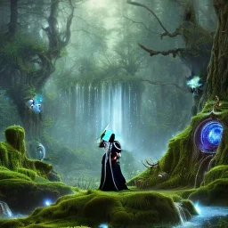 crazy detail, magical forest background with big toads, waterfall, blue but cloudy skies, close up of man in black shiny robes and gloves and grand sleazy lady wearing soft robes and gloves, lively eyes, framed by foliage, gold