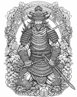 samurai tattoo, coloring book page, clean line art, adults drawing book, Black and white only, crisp black lines, sharp lines, coloring page for adults, black and white picture, lots of details, tattoo style,tattoo ideas, full body