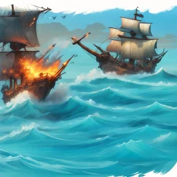 two pirate ships fighting each other at sea. They fire cannons at each other and one ship is hit and burns.