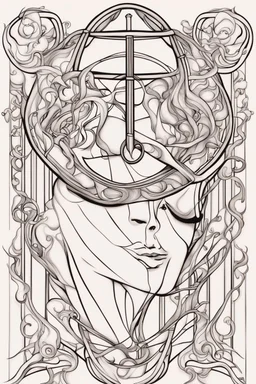 The Zodiac Sign of Libra intertwined with Venus accents, illustrated in black and white with distinct, bold lines, suitable for an adult coloring book, contour, vector, clean line art, isolated on a white canvas