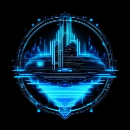 A pixel art cyberpunk version of the Manchester City logo. The crest is circular with a glowing neon blue border, metallic silver text, and a futuristic ship in the center, lit with radiant sky blue lights. Holographic tech circuits wrap around the badge, and the background is transparent.