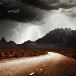 desert, storming, lightning, rainy, mountains, black and white, dirt road, landscape