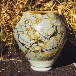 photo of a small cracked ceramic vase repaired with gold, kintsugi, garden setting, beautiful landscape photography, beautiful, vines and leaves, delicate, cinematic, high detail, beautiful composition, delicate arrangement, aesthetic, soft lighting, award winning photography, tender