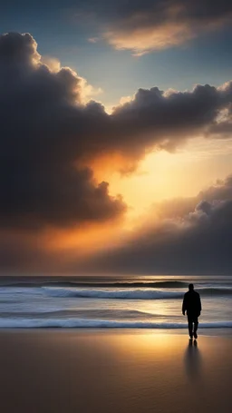 A lone figure walking along a vast, empty beach at sunset, a big creature blurred face appeared behind a mysterious cloud ,their silhouette stark against the hyperrealistic sky reminiscent of the work of Halim Ghodbane, with crashing waves rendered in the detail of Jason De Graaf. (combines Halim Ghodbane & Jason De Graaf)
