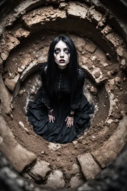 Closeup tall Girl goth with big eyes, ragged clothes, fullbody, claustrophobic really, crushed inside, the perspective looking up from the bottom of an empty well , 8k,macro photography,