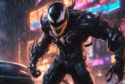 Venom in 8k solo leveling shadow artstyle, white fox them, close picture, rain, Shredder helmet, neon lights, intricate details, highly detailed, high details, detailed portrait, masterpiece,ultra detailed, ultra quality