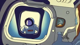 Female Astronaut looking out into space from a small window on her spaceship, in the style of Perfect Blue, Somber, beautiful planets, stars, inside of the spaceship, viewing from behind, existential, horror