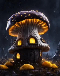 An illogically floating mushroom house on a clear night. white yellow black, Stars Dark cosmic interstellar. Detailed Matte Painting, deep color, fantastical, intricate detail, splash screen, hyperdetailed, insane depth, concept art, 8k resolution, trending on Artstation, Unreal Engine 5, color depth, backlit, splash art, dramatic, High Quality Whimsical Fun Imaginative Bubbly, perfect composition