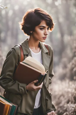 portrait pint of color photo of a student girl 22 years old ,short hair with her books in her hand walking in magic jungle