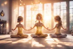 cute chibi yoga girls in sunshine, yoga room, watercolor and black ink outlines, sparkling golden glitter, ethereal, cinematic postprocessing, bokeh, dof