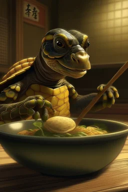 Photo realistic picture of turtle eating a bowl of ramen while in Mexico.