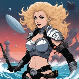 [illustration for wii No More Heroes style with thick lines] Barbarella, the fearless space adventurer, found herself on a water world unlike any she had encountered before. The world was a chaotic blend of Mad Max-style desolation and underwater wonders. As she descended into the depths of the ocean, she marveled at the eerie beauty surrounding her. The twisted remnants of a once-great civilization lay scattered on the ocean floor, a stark reminder of the world's turbulent past.