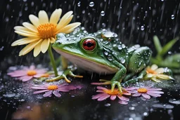 Create a high-definition image of a rainy landscape in which a frog is drenched under a flower in crystal style art frog is looking up at raindrops from colorful daisy petals on a black background, sheltering from the rain.