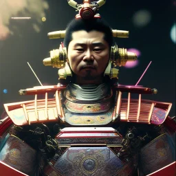 A portrait of a crystalised robot samurai with yakuza tatu, atmospheric, realistic, unreal engine cosmic galactic, cinematic lighting, octane render, random colors, transparent, cosmic ambiance, masterpiece, art by Yoji Shinkawa, composing fit inside, masterpiece