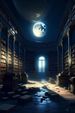 A vast, abandoned library bathed in moonlight, with bookshelves stretching into the distance and glowing orbs floating amidst the dusty tomes.