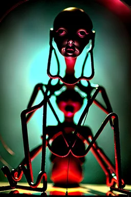 a surreal abstract image of a woman seated on a table,facing to the front ,she is connected to string like a puppet, arms in air, moved by the strings, puppet like features in the face, beautiful face, behind her also facing the front is the puppet master,is a huge image of a man holding the strings, creepy gothic character,.zoomed in, dark and shadowy background with selective lighting on the woman, gothic and chaotic