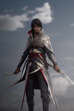 شاب انمي مع شفرات assassin's Creed ذهبيه و وشاع اسود وعيون وعيون زرقاء مع شعر ابيض