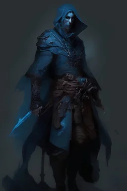 Triton Rouge with blue skin DnD character. With a small dagger on his belt. Wearing black clothes with a hooded cloak.