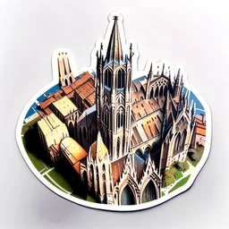 aerial view of a digital artwork of a medieval cathedral as a sticker