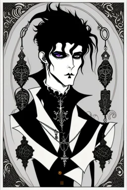 goth male necromancer with black hair and gothic jewelry in the style of Aubrey Beardsley