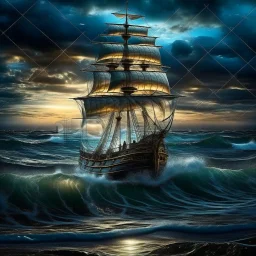 view of turbulent swells of a violent ocean storm, inside a glass bottle on the beach ม dramatic thunderous sky at dusk at center a closeup of large tall pirate ship with sails, breaking light