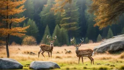 deer in forest next to rocks and grass fields