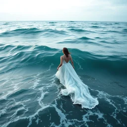 Born of the Ocean walking looking at camera in Ocean Where the sea becomes a gown and every wave moves with her. A moment of gown in waves ,