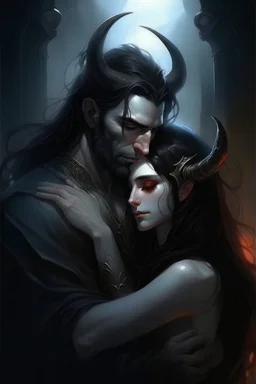 Paintinf, Beard, dark hair, demon prince, horns, handsome, mysterious, gentle, embracing a beautiful woman with long dark hair