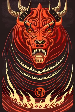 Vintage illustration of a demonic and magical brutal and angry bull made of red flames and fire, savage and obstreperous nature, Tsuguyuki Kubo art, Topcraft, vintage storybook illustration style, ornamental, fantasy folk art, psychedelic theme, inspires by 80s Japanese anime, early Studio Ghibli, fantasy animation