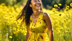 A young African American woman with long, braided black hair, wearing a vibrant yellow sundress, laughing joyfully in a sun-drenched meadow filled with wildflowers during a warm summer afternoon.