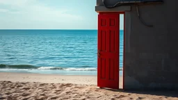 A bright red door is partially open, set against a backdrop of calm blue ocean waters and a sandy beach. The wall around the door is weathered and peeling, with exposed concrete and some electrical wires visible. The scene has a tranquil yet surreal quality, with gentle waves lapping at the shore and hints of sunlight illuminating the area.