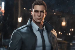 Marcus in 8k anime artstyle, Detroit become human them, normal eyes, close picture, rain, apocalypse, intricate details, highly detailed, high details, detailed portrait, masterpiece,ultra detailed, ultra quality