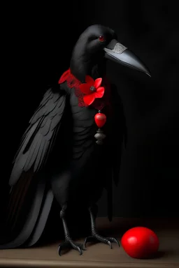 black raven portrait wearing victorian clothes, full body, red paper hearts, written letter