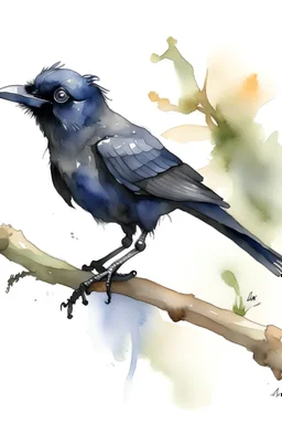 A very simplified and not much detailed impressionist watercolor caricature of a jackdaw on a branch. The illustration should be simplified for a book for 2-3 year old children.