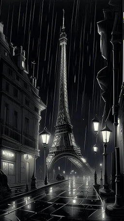 An atmospheric, Paris Eiffel Tower fine lines draw noir-style illustration of a rainy cityscape at night, featuring glowing streetlights reflecting off the wet pavement, towering Art Deco skyscrapers, and a statue evoking a sense of intrigue and timelessness.