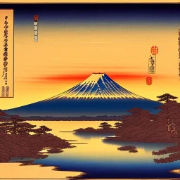 Ukiyo-e painting of a mount fuji at sunset