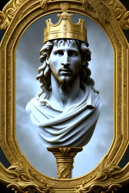 Ultra Realistic image, classical renaissance sculpture, white marble material, Lionel Messi, emperor style, gold Laurel leaves crown, chisel style, waist up portrait, epic, celestial, cinematic lighting, God light, god rays, 4k resolution, smooth details, ornate details, soft lighting, unreal engine 5, marble background.