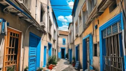 Narrow alleyway with beige and blue buildings, featuring clotheslines with white and colorful laundry hanging. The ground is paved with stones, and there are blue doors and windows on the buildings. The sky is clear with a few clouds